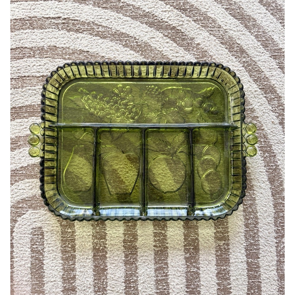 Vintage Indiana‎ Glass Relish Tray Embossed Fruit Print Serving Tray Retro MCM